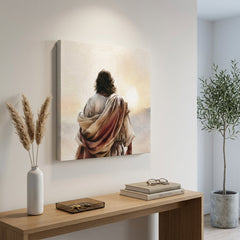Tablou cu Isus Hristos amplasat într-un interior stilizat, decorat cu elemente minimaliste și lumină naturală, design interior elegant.