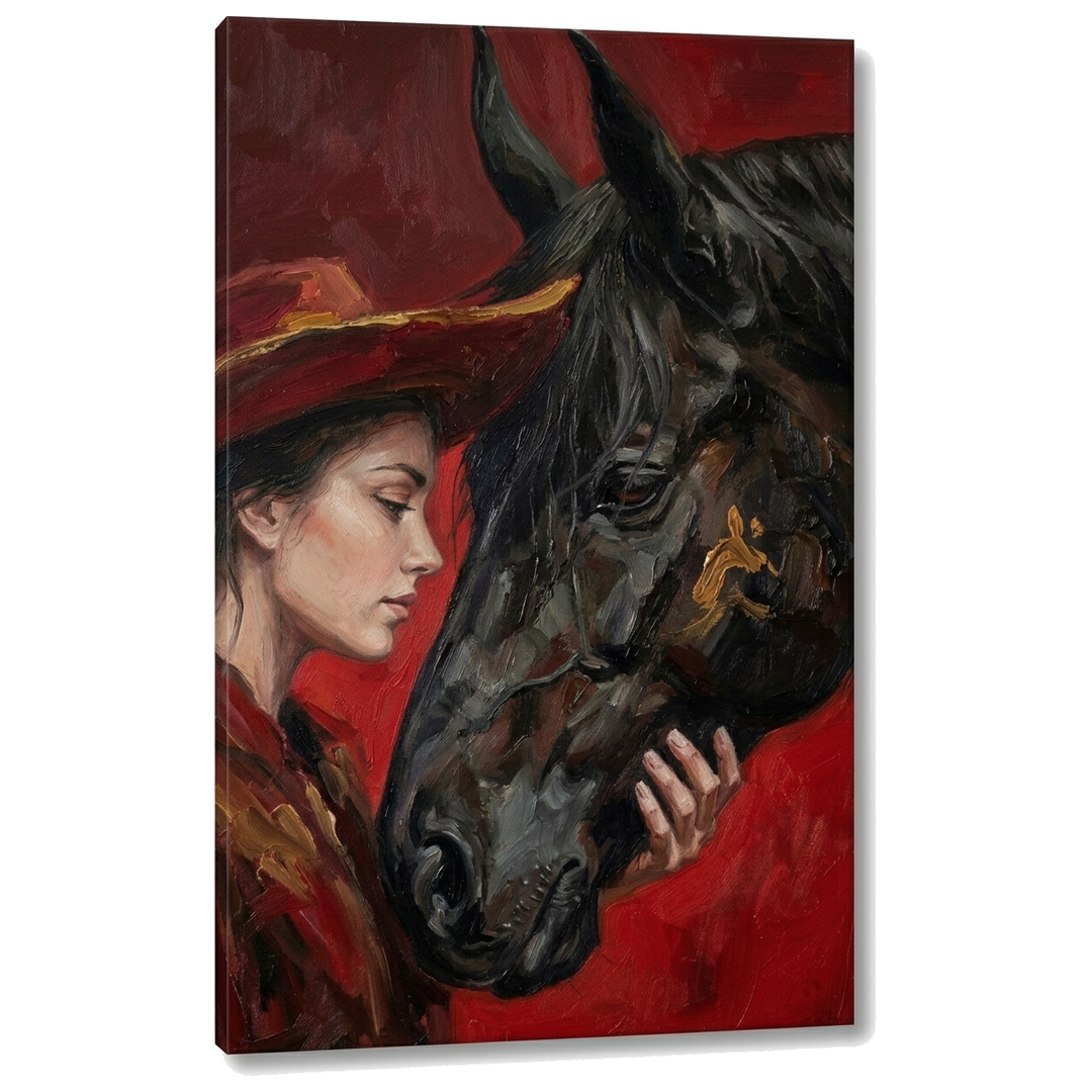 Tablou modern cu femeie și cal, vizualizare 3D a pânzei pe șasiu de lemn, stil elegant pentru decor interior, Papilora.