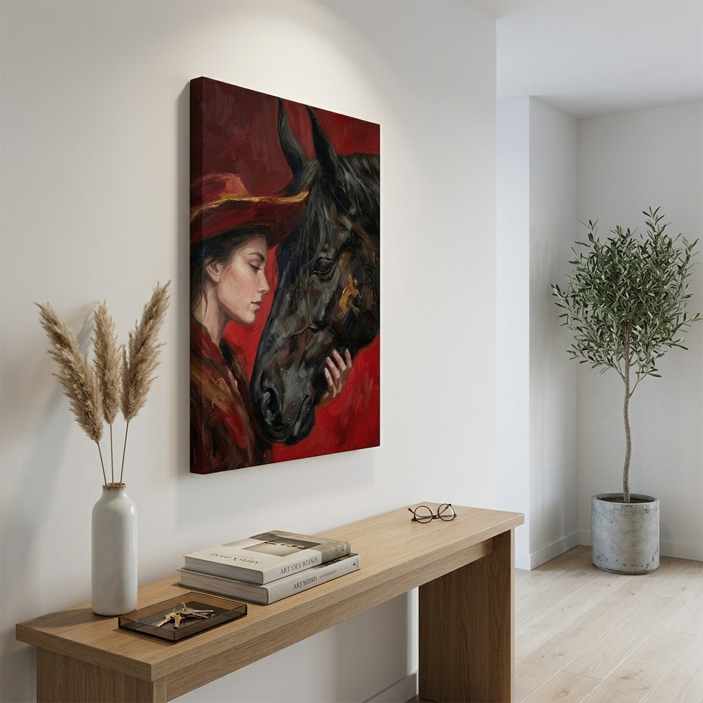 Portret artistic cu femeie și cal într-un interior stilat, iluminat natural, decor minimalist și atmosferă sofisticată.