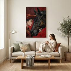 Tablou dramatic cu femeie și cal expus într-un living modern, deasupra unei console din lemn cu decorațiuni rafinate.