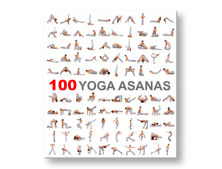 Modern tablou pe pânză cu motivul 100 Yoga asanas, citat motivațional în alb-gri nuanțe, pace interioară | Motivațional tablou de perete 100 Yoga asanas – principală