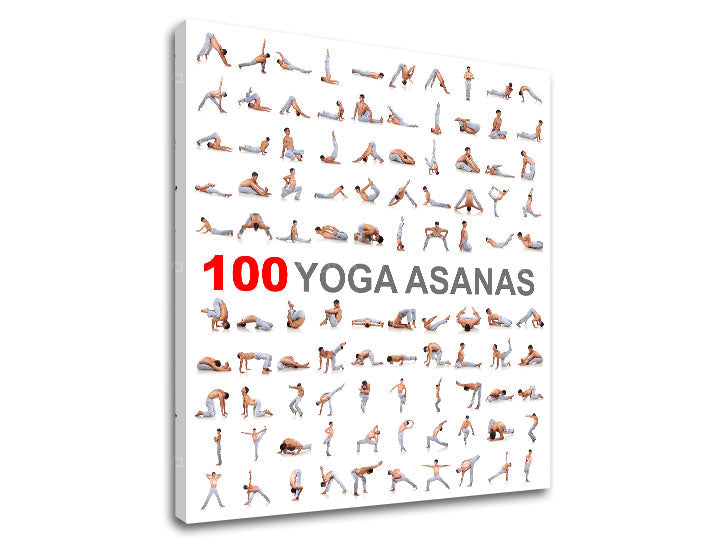 Modern tablou pe pânză cu motivul 100 Yoga asanas, citat motivațional în alb-gri nuanțe, pace interioară | Motivațional tablou de perete 100 Yoga asanas – produs