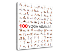 Modern tablou pe pânză cu motivul 100 Yoga asanas, citat motivațional în alb-gri nuanțe, pace interioară | Motivațional tablou de perete 100 Yoga asanas – produs