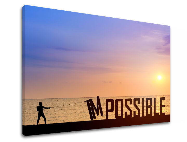 În stil boho tablou pe pânză cu motivul Impossible, apus de soare, ocean, peisaj, mare și plajă în violet-albastru nuanțe, atmosferă inspirațională – produs