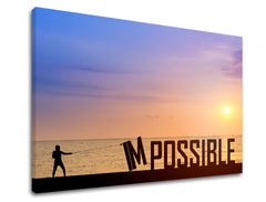 În stil boho tablou pe pânză cu motivul Impossible, apus de soare, ocean, peisaj, mare și plajă în violet-albastru nuanțe, atmosferă inspirațională – produs
