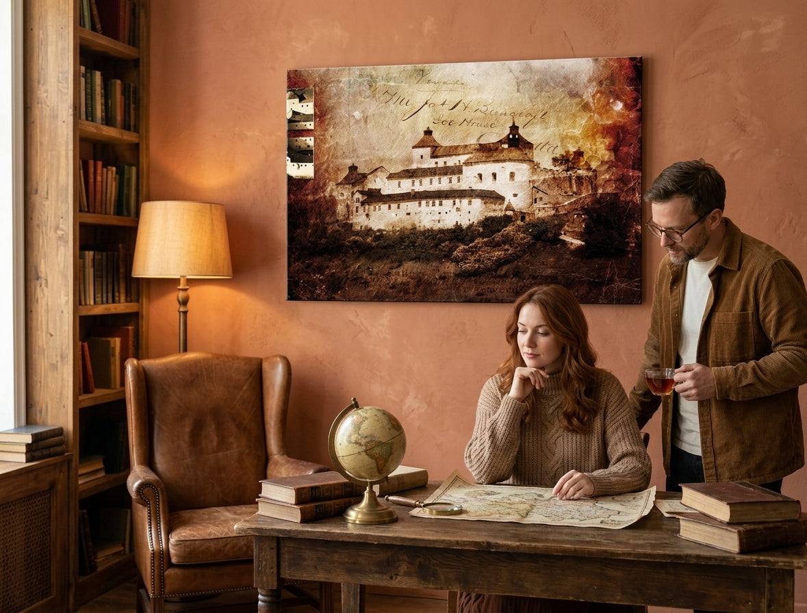 Vintage tablou pe pânză cu motivul castel, arhitectură, motiv pentru copii în alb-maro nuanțe agățat în interiorul hol, atmosferă nostalgică – interior