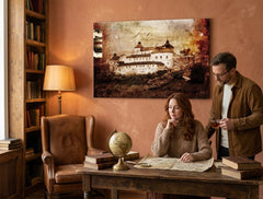 Vintage tablou pe pânză cu motivul castel, arhitectură, motiv pentru copii în alb-maro nuanțe agățat în interiorul hol, atmosferă nostalgică – interior