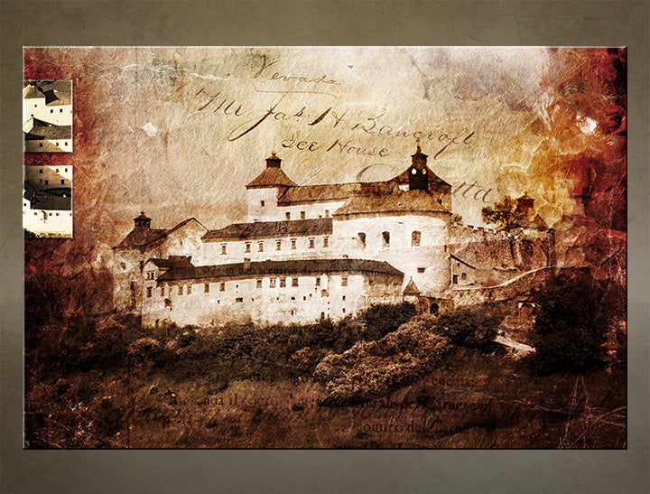 Vintage tablou pe pânză cu motivul castel, arhitectură, motiv pentru copii în alb-maro nuanțe, atmosferă nostalgică, timp, potrivit pentru hol | Krásna Horka – principală