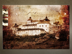 Vintage tablou pe pânză cu motivul castel, arhitectură, motiv pentru copii în alb-maro nuanțe, atmosferă nostalgică, timp, potrivit pentru hol | Krásna Horka – principală