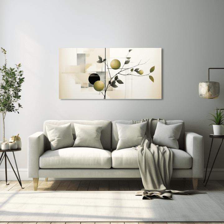 Modern tablou pe pânză cu motivul frunze, fructe, natură în alb-bej nuanțe, atmosferă liniștită, natură și minimalism, potrivit pentru bucătărie – produs