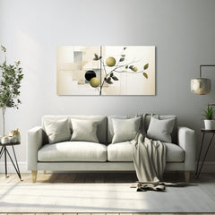 Modern tablou pe pânză cu motivul frunze, fructe, natură în alb-bej nuanțe, atmosferă liniștită, natură și minimalism, potrivit pentru bucătărie – produs