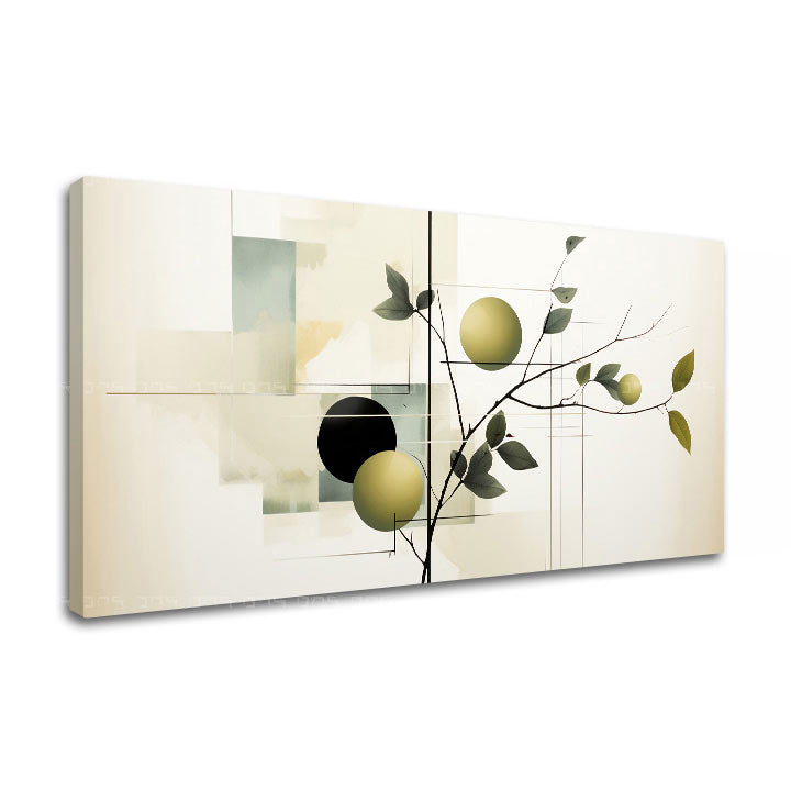 Modern tablou pe pânză cu motivul frunze, fructe, natură în alb-bej nuanțe, atmosferă liniștită, natură și minimalism, potrivit pentru bucătărie – principală