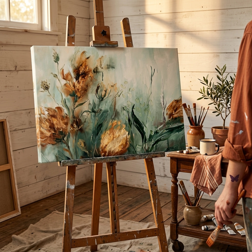 Artistă în atelierul Papilora lucrând la un tablou abstract floral, lângă un șevalet din lemn, luminat de lumina naturală a zilei.