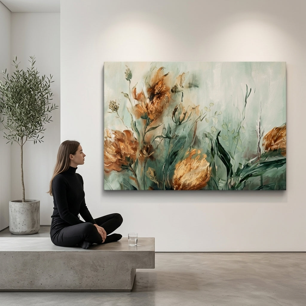 Tablou abstract cu flori în nuanțe pământii, expus într-un living modern deasupra unei console din lemn cu decorațiuni elegante.