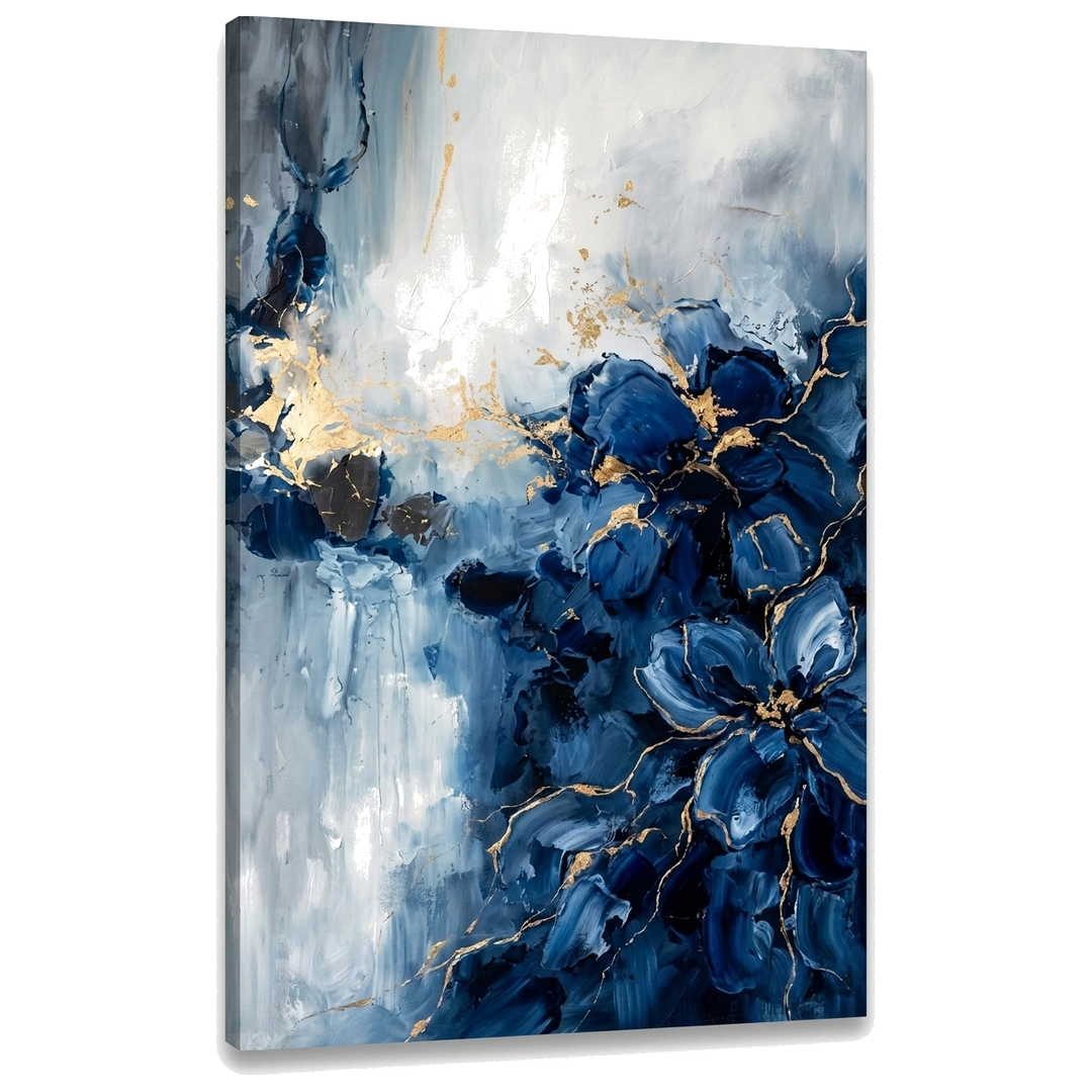 Tablou abstract cu compoziție de valuri albastre pe pânză, vizualizare 3D cu șasiu din lemn, stil Premium Art, Papilora.