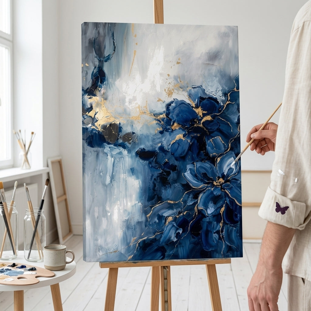 Artistă în atelierul Papilora lucrând la un tablou abstract cu forme organice, lumină naturală, proces creativ de pictură.