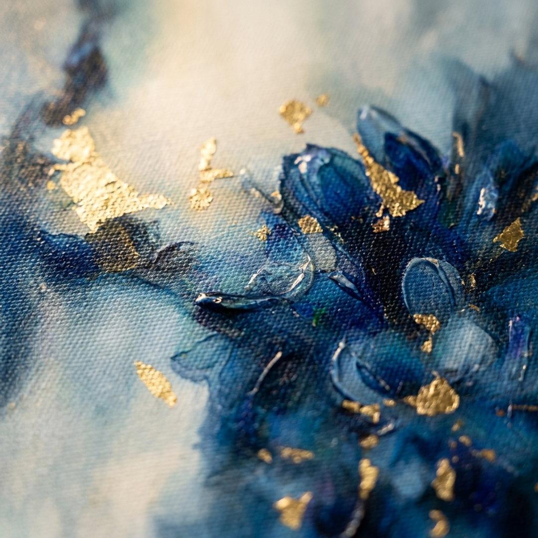 Detaliu macro al tușelor impasto pictate manual cu vopsea acrilică pe pânză, textură reliefată și finisaj artistic de lux.