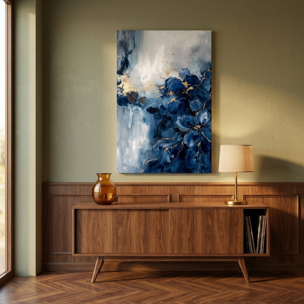 Tablou abstract cu valuri albastre și accente aurii expus într-o sufragerie modernă, deasupra unei console din lemn, decor elegant.