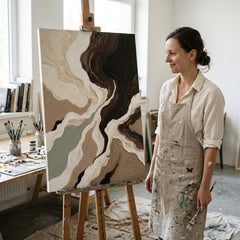 Artistă în atelierul Papilora lucrând la un tablou abstract cu texturi organice, iluminat natural de la fereastră.
