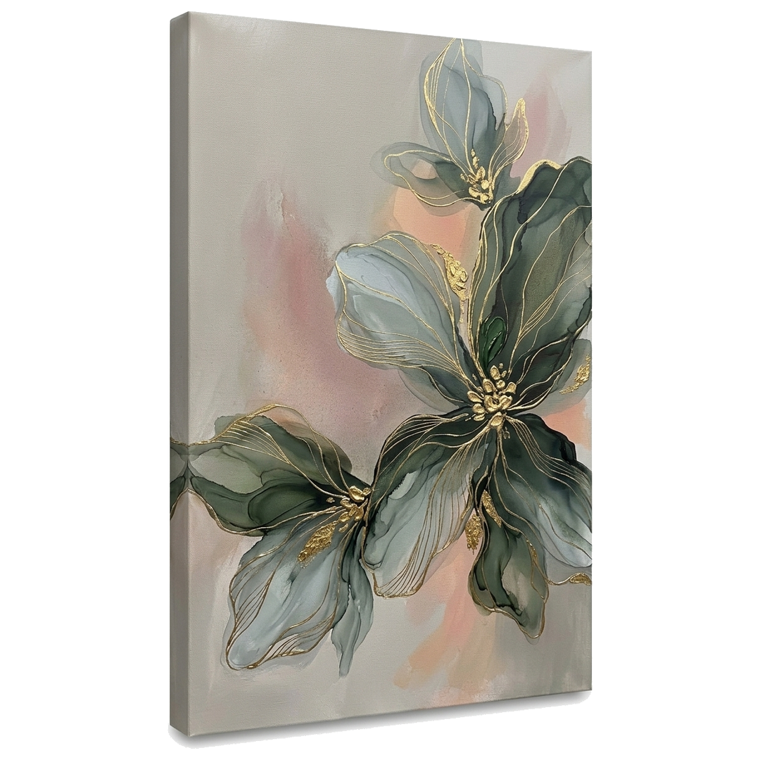 Tablou cu compoziție florală abstractă pe pânză — vizualizare 3D a canvasului cu șasiu din lemn, stil Premium Art de la Papilora.