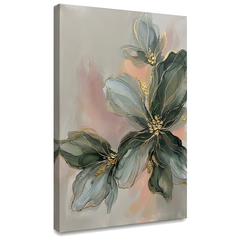 Tablou cu compoziție florală abstractă pe pânză — vizualizare 3D a canvasului cu șasiu din lemn, stil Premium Art de la Papilora.