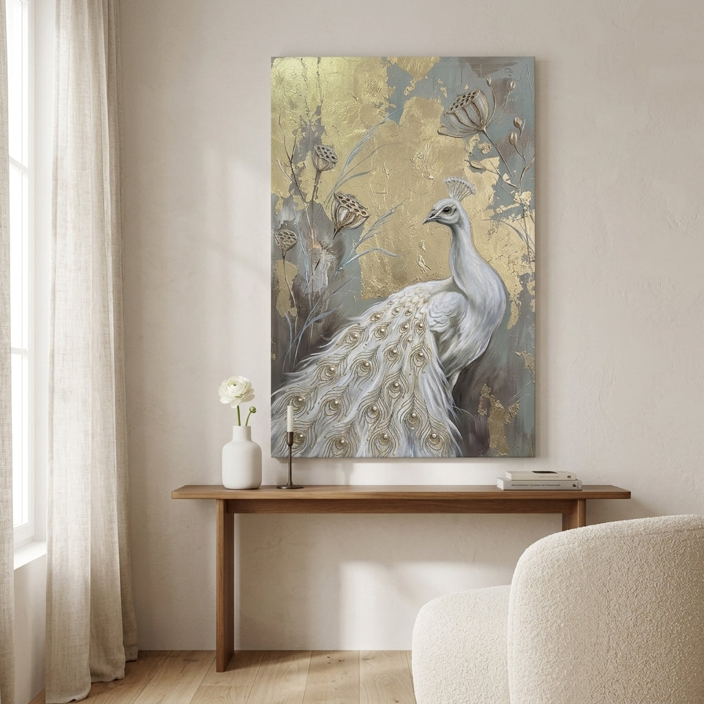 Tablou cu păun alb elegant suspendat într-un living modern, deasupra unei console din lemn cu vază și lumânare decorativă.