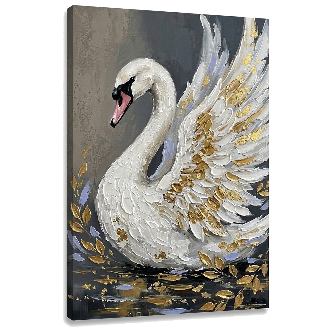Tablou cu lebădă albă pe pânză — vizualizare 3D a canvasului cu șasiu din lemn vizibil, Papilora Premium Art.