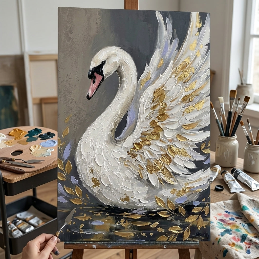 Artistă în atelierul Papilora lângă un șevalet cu tabloul cu lebădă albă, în lumină naturală de la fereastră.