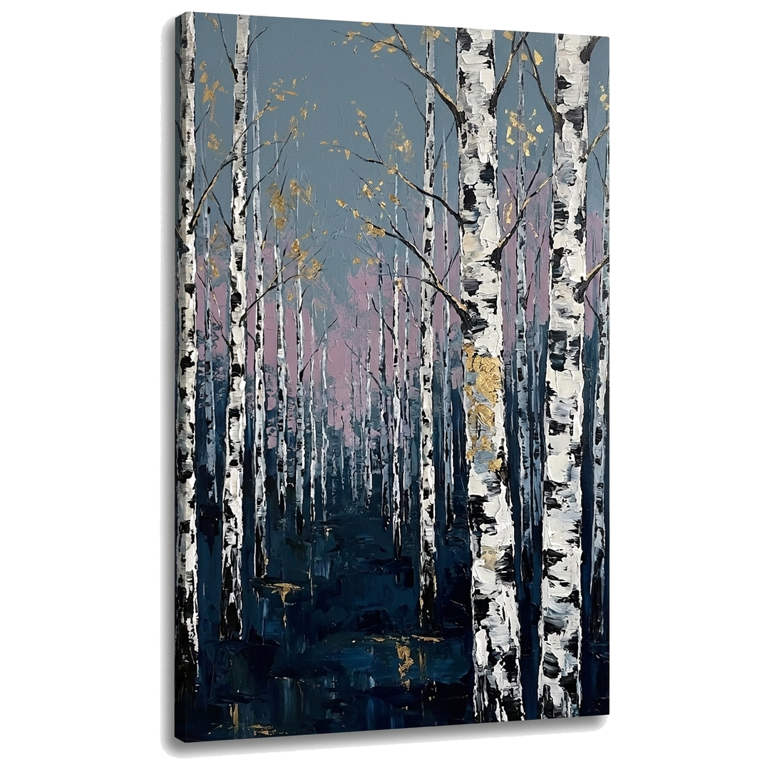 Tablou cu pădure de mesteceni pe pânză — vizualizare 3D a canvasului cu șasiu din lemn vizibil, Papilora Premium Art.