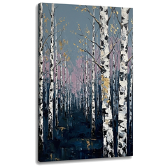 Tablou cu pădure de mesteceni pe pânză — vizualizare 3D a canvasului cu șasiu din lemn vizibil, Papilora Premium Art.