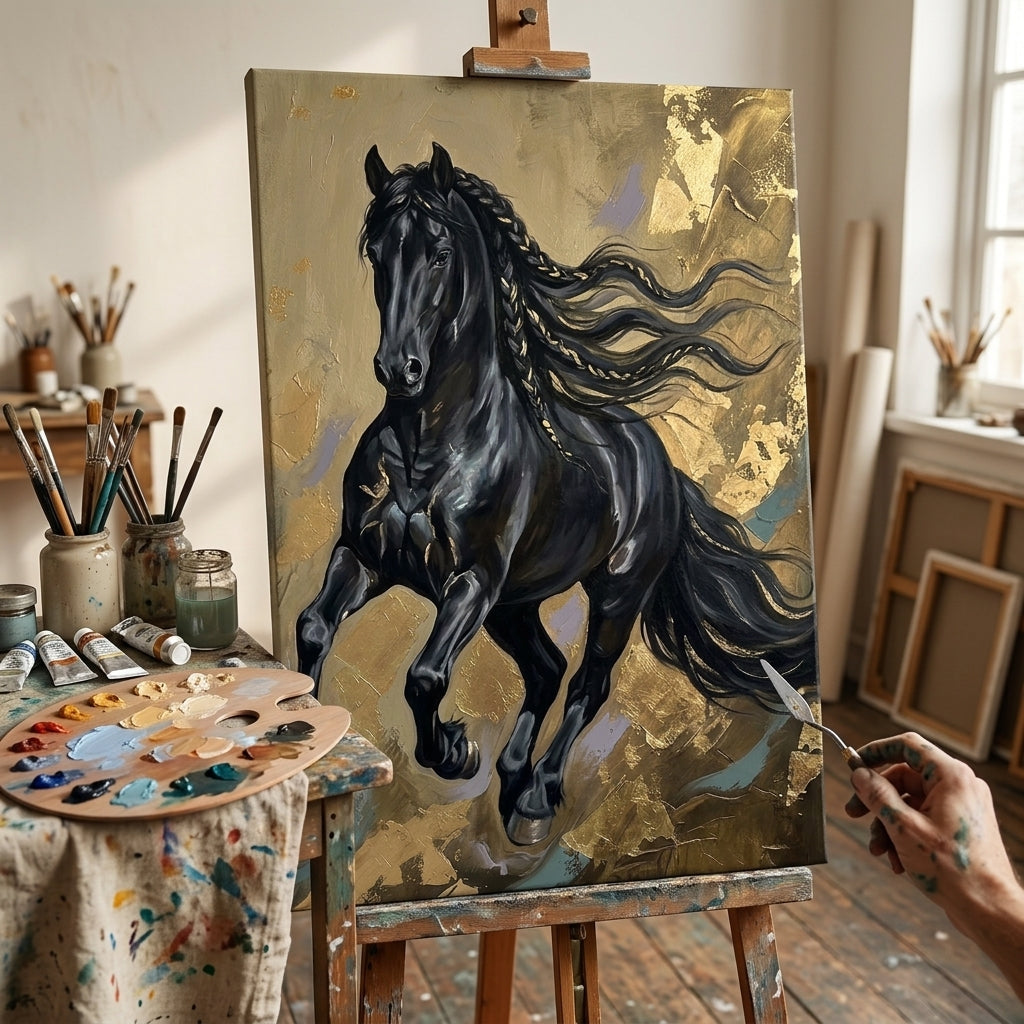 Artistă în atelierul Papilora lângă un șevalet cu tabloul cu cal negru în galop, iluminat natural de la o fereastră mare.