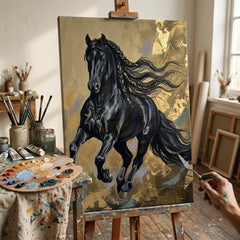 Artistă în atelierul Papilora lângă un șevalet cu tabloul cu cal negru în galop, iluminat natural de la o fereastră mare.