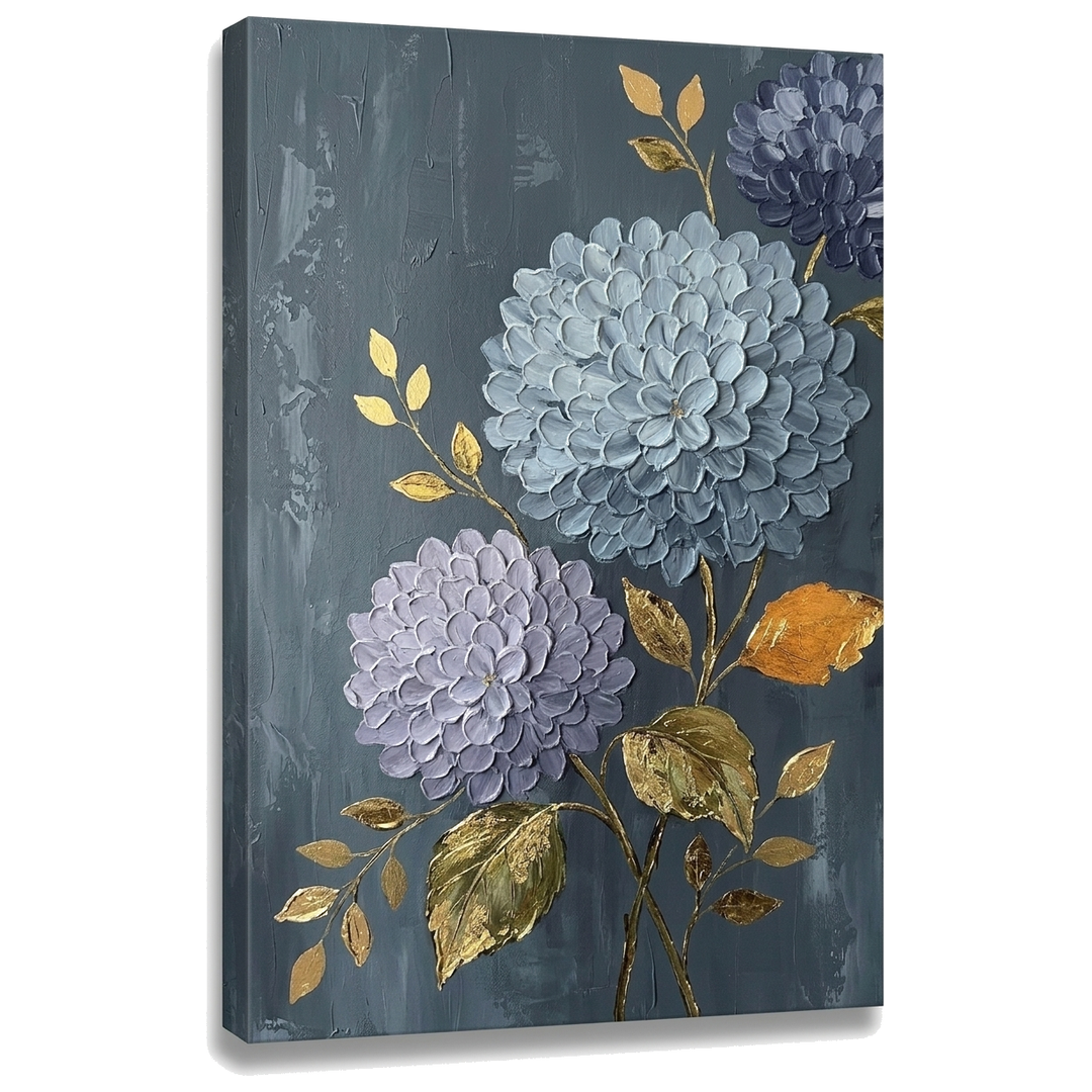 Tablou cu hortensii pe pânză — vizualizare 3D a canvasului cu șasiu din lemn vizibil, Papilora Premium Art.