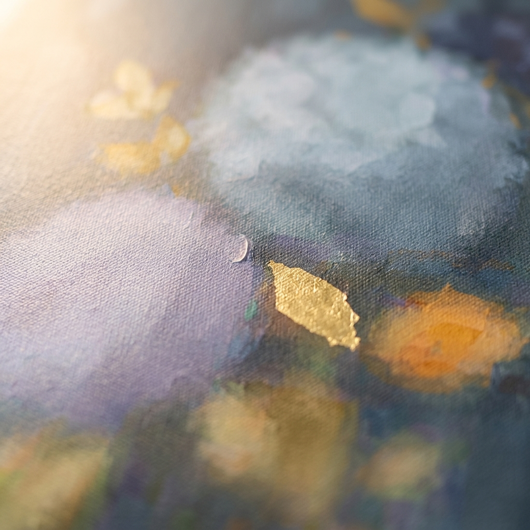 Detaliu macro al tușelor impasto pictate manual cu vopsea acrilică, textură și relief vizibil pe petalele florilor.