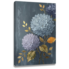 Tablou cu hortensii pe pânză — vizualizare 3D a canvasului cu șasiu din lemn vizibil, Papilora Premium Art.