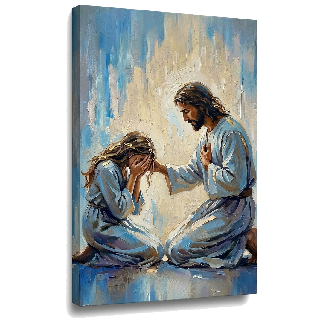 Vizualizare 3D a tabloului cu Isus consolând o femeie pe pânză, cu șasiu din lemn vizibil și textură artistică Premium Art de la Papilora.