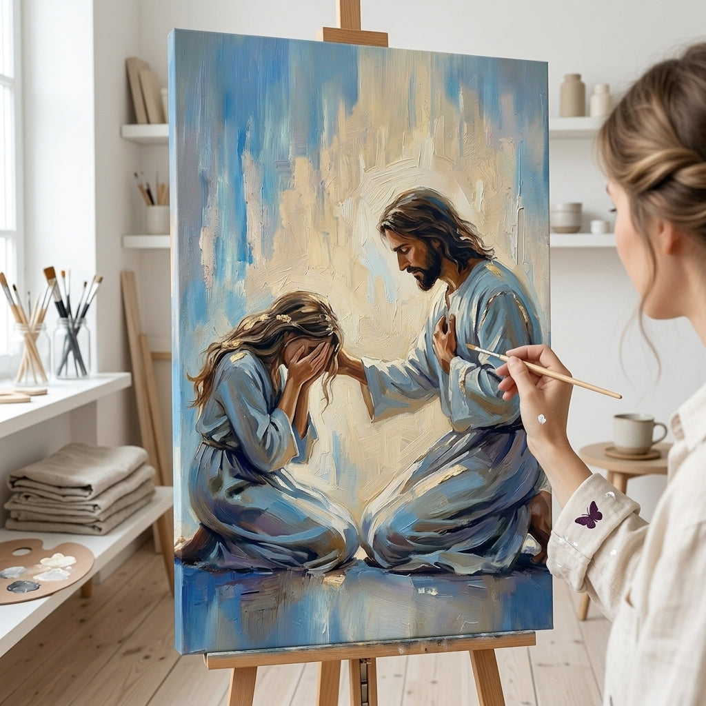 Artistă în atelierul Papilora lucrând la finisarea manuală a tabloului cu Isus și femeia îngenuncheată, sub lumină naturală.