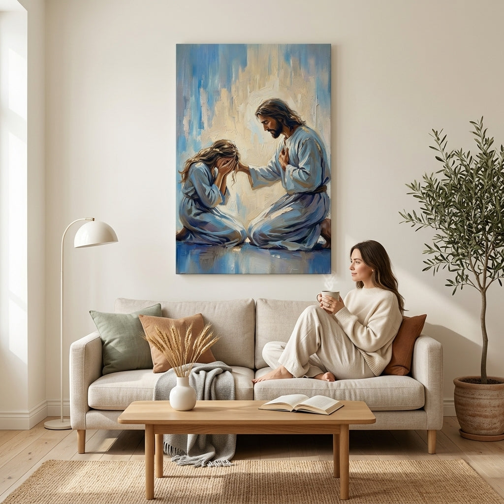 Tablou religios cu Isus consolând o femeie, expus într-un dormitor modern deasupra unei console din lemn cu decorațiuni elegante.
