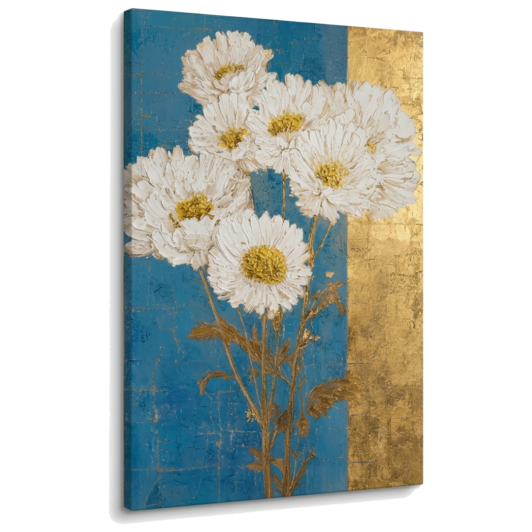 Tablou cu buchet de margarete albe pe pânză, vizualizare 3D a canvasului cu șasiu din lemn, stil Premium Art de la Papilora.