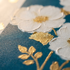 Detaliu macro al tușelor impasto pictate manual cu vopsea acrilică pe petalele florilor, textură 3D autentică pentru decorul casei.