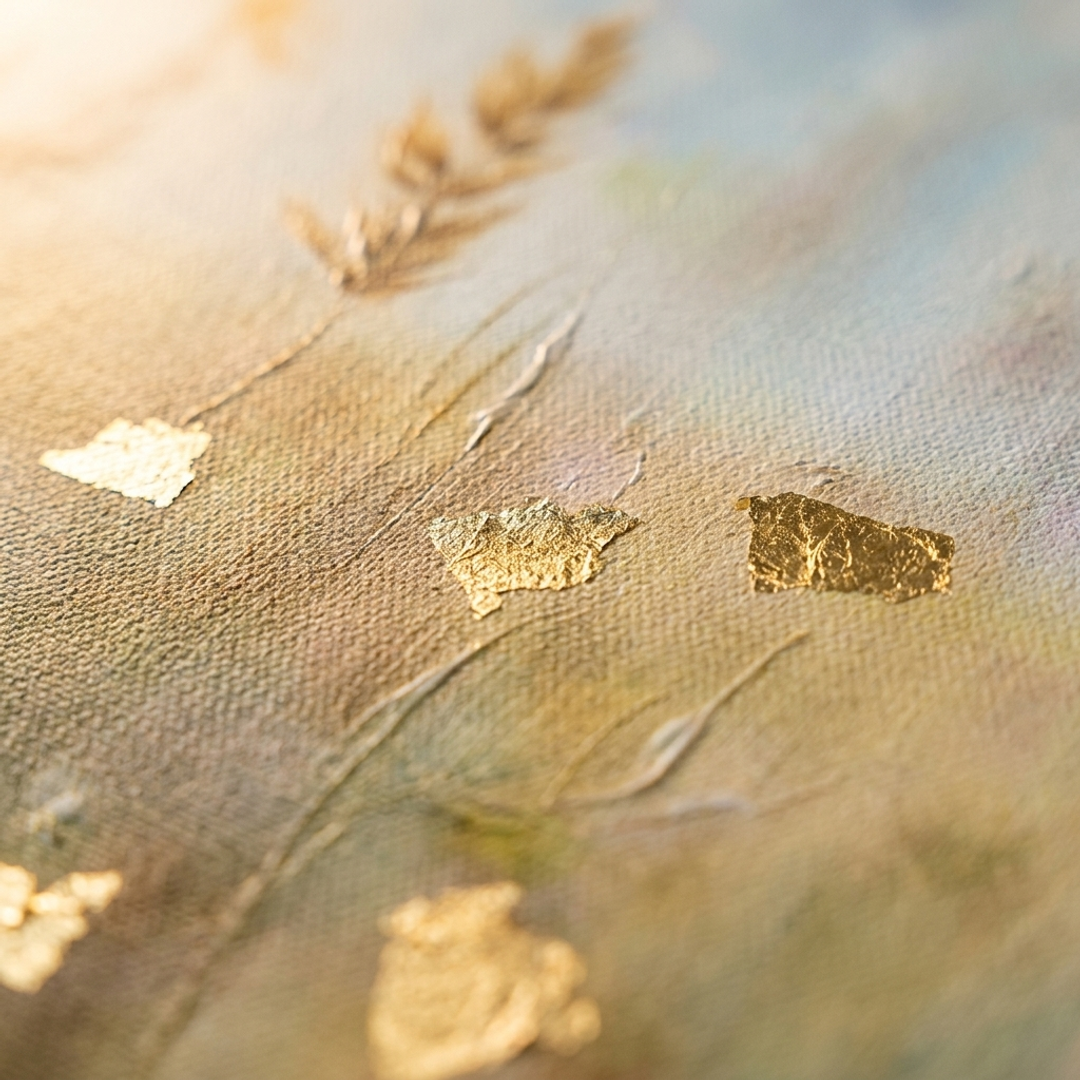 Detaliu macro al tușelor impasto pictate manual cu vopsea acrilică pe petalele florilor, textură vizibilă și relief artistic autentic.
