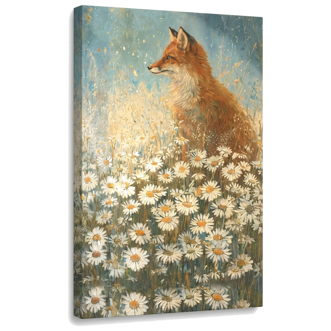 Tablou cu vulpe roșcată în câmp de margarete pe pânză — vizualizare 3D a canvasului cu șasiu din lemn, Papilora Premium Art.