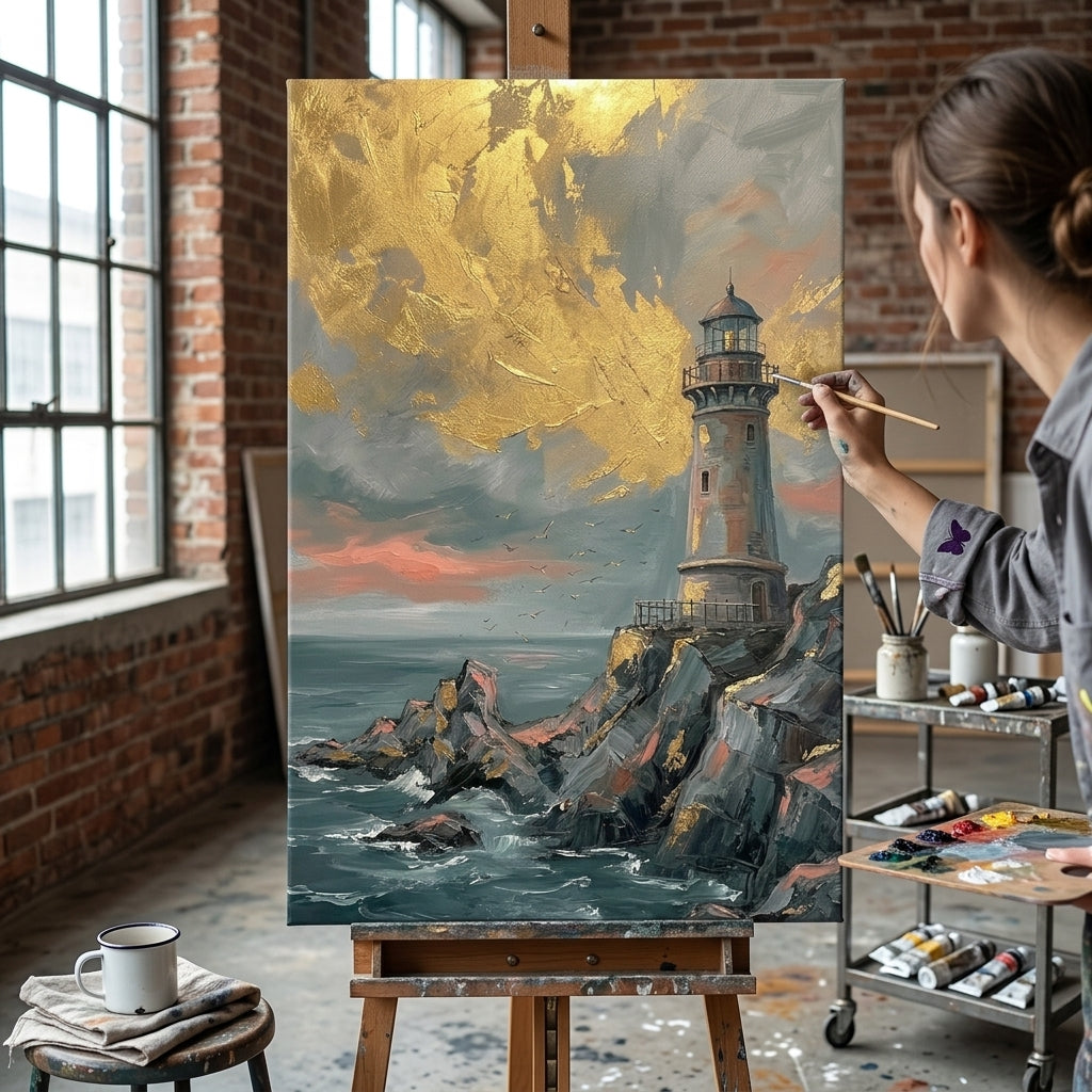 Artistă în atelierul Papilora lucrând la un tablou cu far pe mare agitată, lumină naturală, detaliu de creație artizanală.