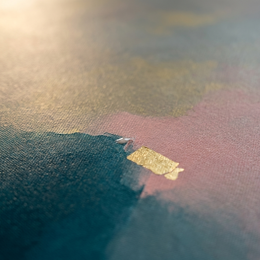 Detaliu macro al tușelor impasto pictate manual cu acrilic pe suprafața tabloului, textură vizibilă și relief artistic deosebit.