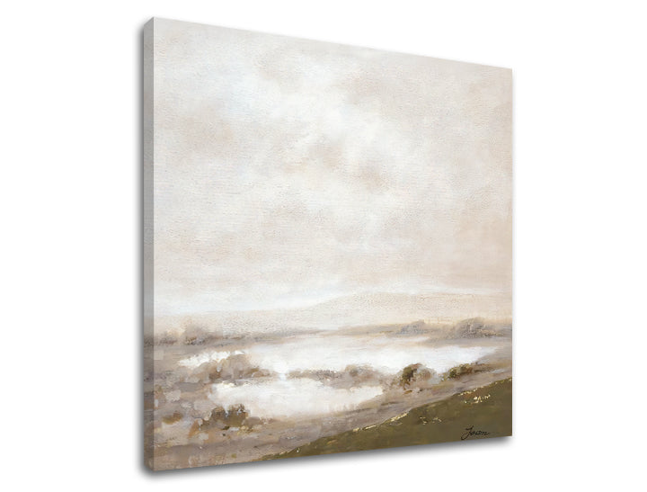 Modern tablou pe pânză cu motivul ceață ușoară, cer, peisaj în alb-bej nuanțe, atmosferă liniștită, natură și minimalism, potrivit pentru dormitor – produs