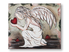 Modern tablou pe pânză cu motivul înger, inimă, motiv religios în alb-bej nuanțe, atmosferă melancolică, spiritualitate, potrivit pentru sufragerie – principală