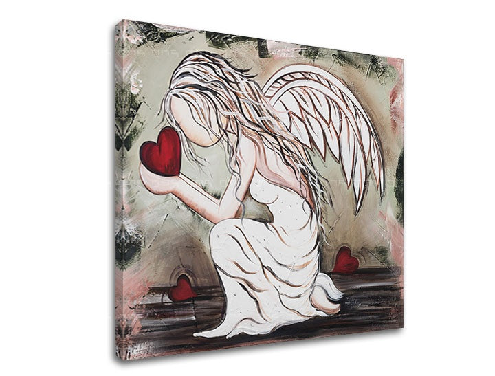 Modern tablou cu motivul înger, inimă, motiv religios în alb-bej nuanțe | Tablou pe pânză ANJEL, spiritualitate – previzualizare
