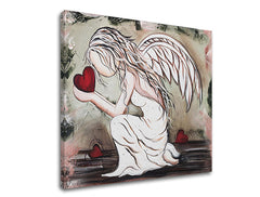 Modern tablou pe pânză cu motivul înger, inimă, motiv religios în alb-bej nuanțe, atmosferă melancolică, spiritualitate, potrivit pentru sufragerie – produs