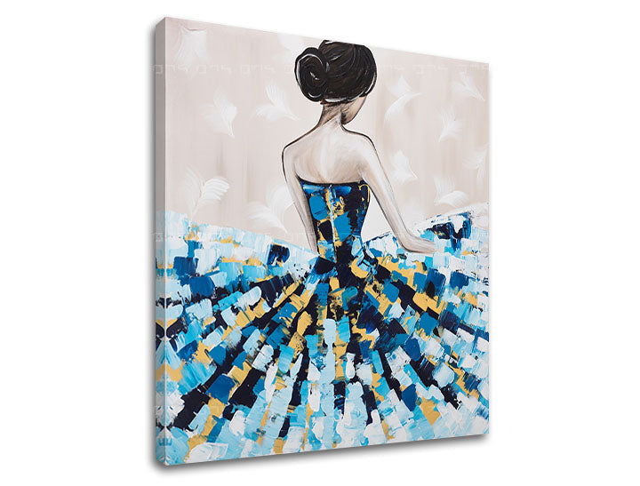 În stil scandinav tablou pe pânză cu motivul FEMEIE, balerină, hartă, natură în bej-albastru nuanțe, atmosferă elegantă, eleganță, potrivit pentru dormitor – produs