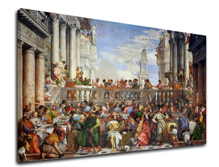 Pop art tablou pe pânză cu motivul Paolo Veronese - Svadba v Káne Galilejskej în albastru-verde nuanțe, atmosferă festivă, potrivit pentru bucătărie – produs